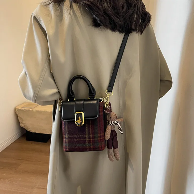 NOMK PU With Woolen Underarm Shoulder Bag, Crossbody Bag, Handbag Women's Black/Coffee-3