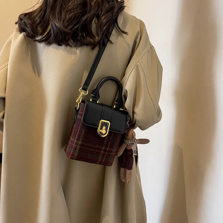 NOMK PU With Woolen Underarm Shoulder Bag, Crossbody Bag, Handbag Women's Black/Coffee-4