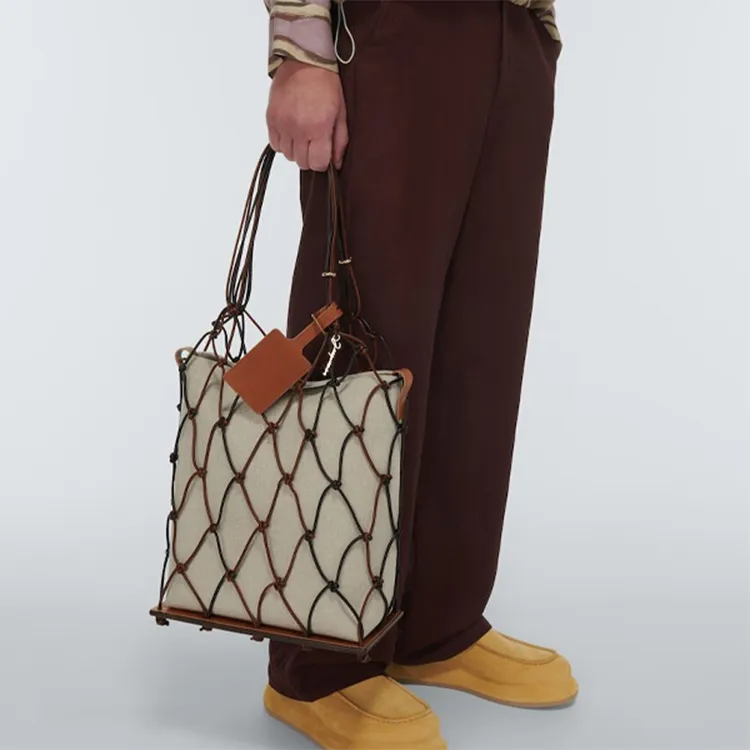 Jacquemus Cotton Canvas With Cow Leather Patchwork Canvas Bag With Fishnet Portable Women's Brown-4