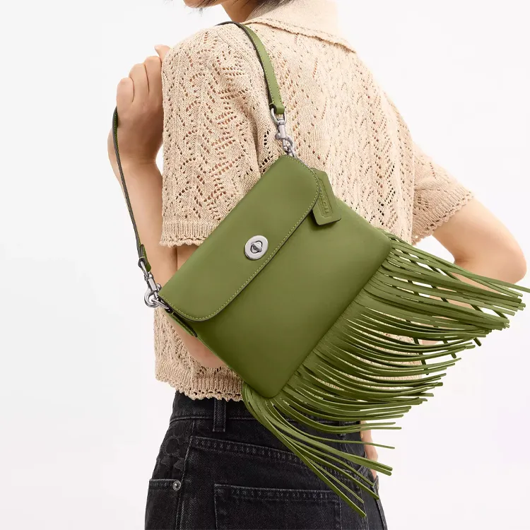 COACH 1964 Fringe Leather Handbag, Shoulder Bag Trumpets Women's Silver & Dark Lime-6