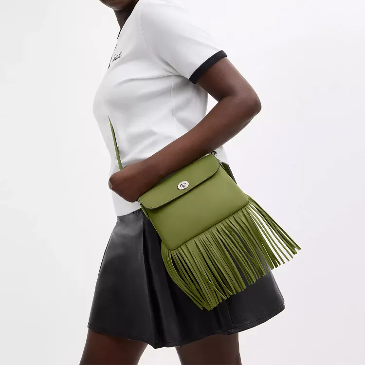 COACH 1964 Fringe Leather Handbag, Shoulder Bag Trumpets Women's Silver & Dark Lime-5