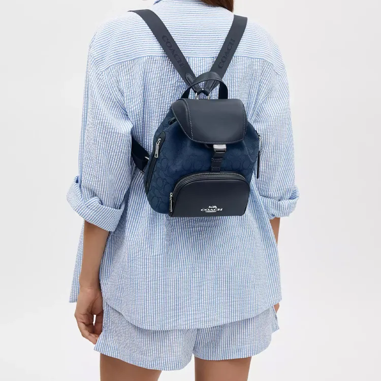 COACH Iconic Jacquard Backpack Small Size Women's Silver With Dark Color Denim-3
