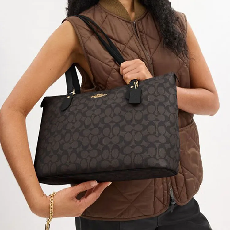 COACH Gallery PVC With Skin One Shoulder Crossbody Bag Tote Bag Shopping Bag Handbag Large Size Women's Dark Brown-3