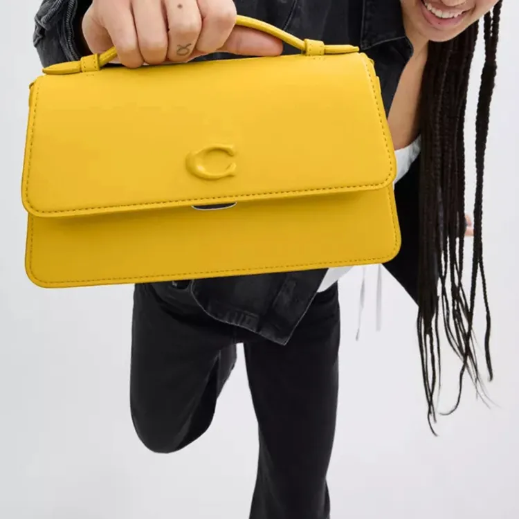 COACH Glove Tanned Leather Portable Crossbody Bag, Shoulder Bag Medium Size Women's Silver & Canary Color-7