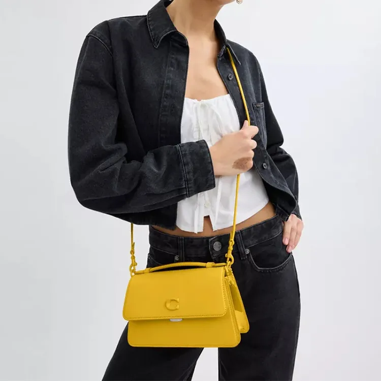 COACH Glove Tanned Leather Portable Crossbody Bag, Shoulder Bag Medium Size Women's Silver & Canary Color-5