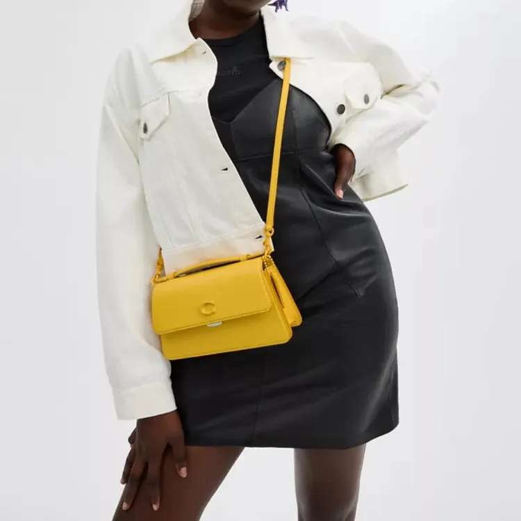 COACH Glove Tanned Leather Portable Crossbody Bag, Shoulder Bag Medium Size Women's Silver & Canary Color-6