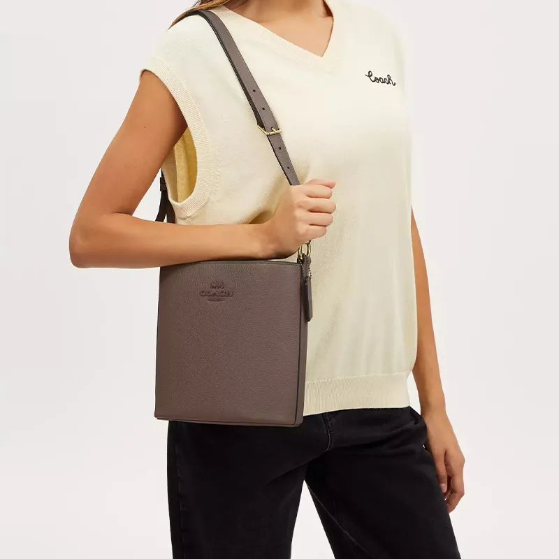 COACH Pebbled Leather Bucket Bags Crossbody Bag, Shoulder Bag Trumpets Women's Dark Limestone Brown-4