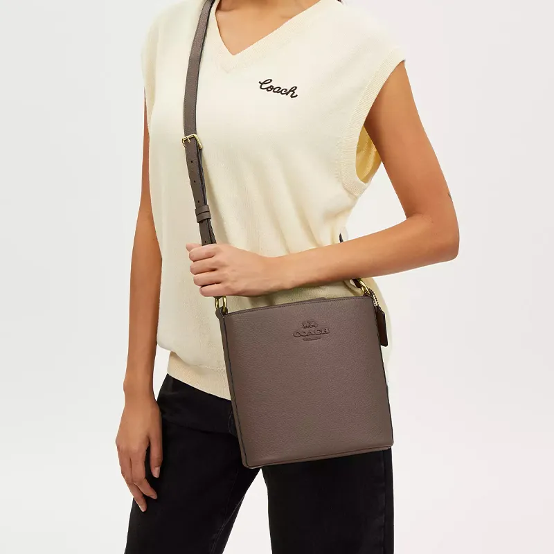 COACH Pebbled Leather Bucket Bags Crossbody Bag, Shoulder Bag Trumpets Women's Dark Limestone Brown-5