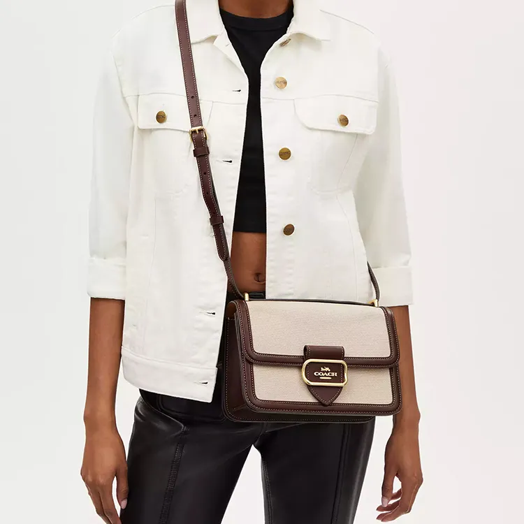 COACH Morgan Canvas With Calfskin Shoulder Bag Crossbody Bag Medium Size Women's Gold & Natural Multicolor-6