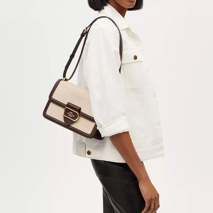 COACH Morgan Canvas With Calfskin Shoulder Bag Crossbody Bag Medium Size Women's Gold & Natural Multicolor-5