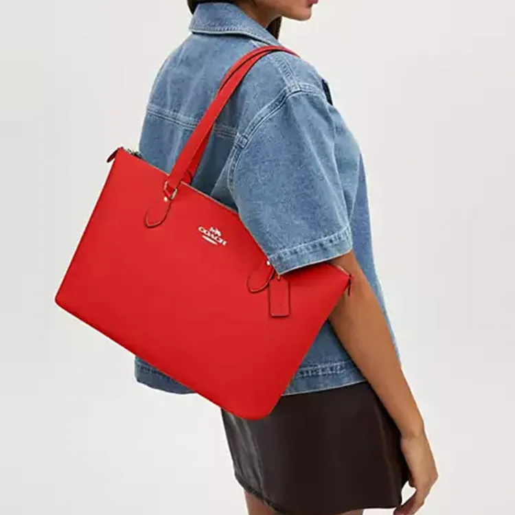COACH Gallery Cross Grain Leather Tote Bag, Shopping Bag, Shoulder Bag, Handbag Large Size Women's Silver & Miami Red-3