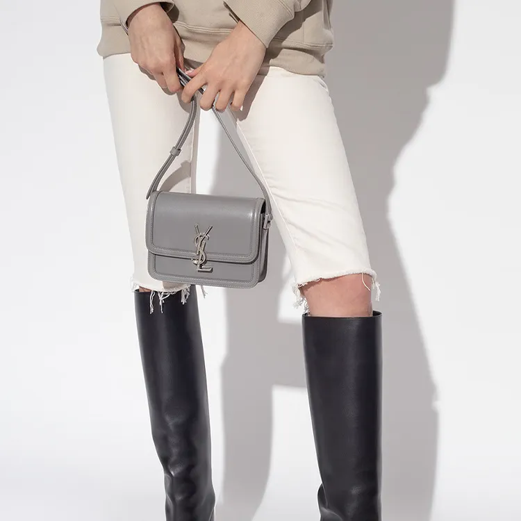 SAINT LAURENT SOLFERINO Leather Crossbody Bag Shoulder Bag Women's Gray-6