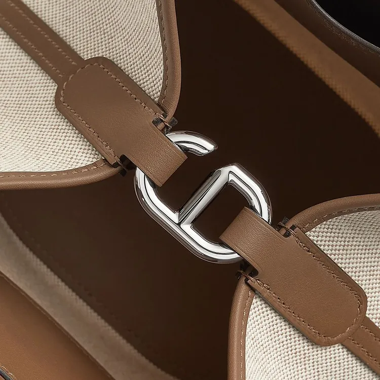 HERMES In The Loop Canvas With Swift Calfskin Vegetable Basket Pig Nose Bucket Bags Handbags Women's Brown & Beige-4