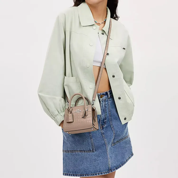 COACH Crocodile Embossed Leather Shoulder Bag, Crossbody Bag, Handbag Mini Women's Stone Color-4