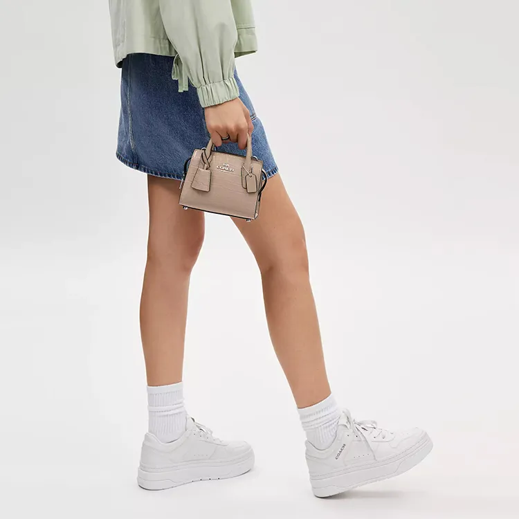COACH Crocodile Embossed Leather Shoulder Bag, Crossbody Bag, Handbag Mini Women's Stone Color-3