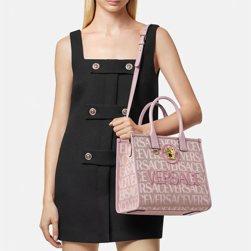 VERSACE Canvas With Leather Tote Bag Shopping Bag Shoulder Bag Handbag Small Size Women's Pink-4