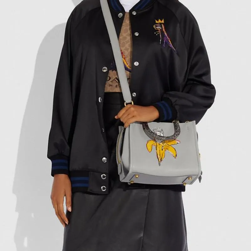 COACH Basquiat Collaboration Rogue Leather With Snake Skin Handbag Shoulder Bag Medium Size Women's Gray-4