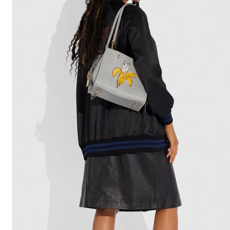 COACH Basquiat Collaboration Rogue Leather With Snake Skin Handbag Shoulder Bag Medium Size Women's Gray-3