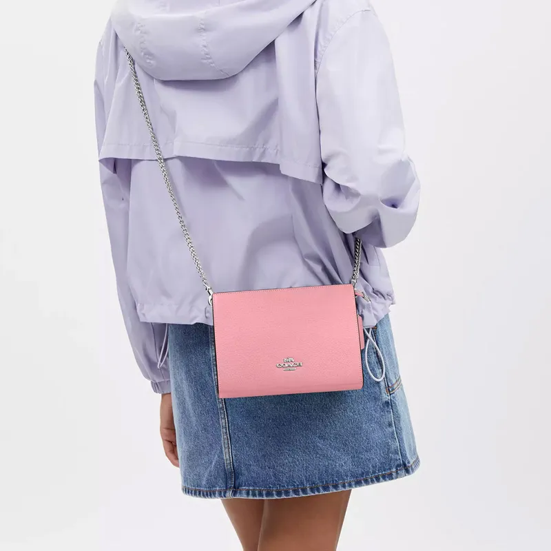 COACH Refined Pebbled Leather Shoulder Bag, Crossbody Bag Small Size Women's Silver & Floral Pink-3