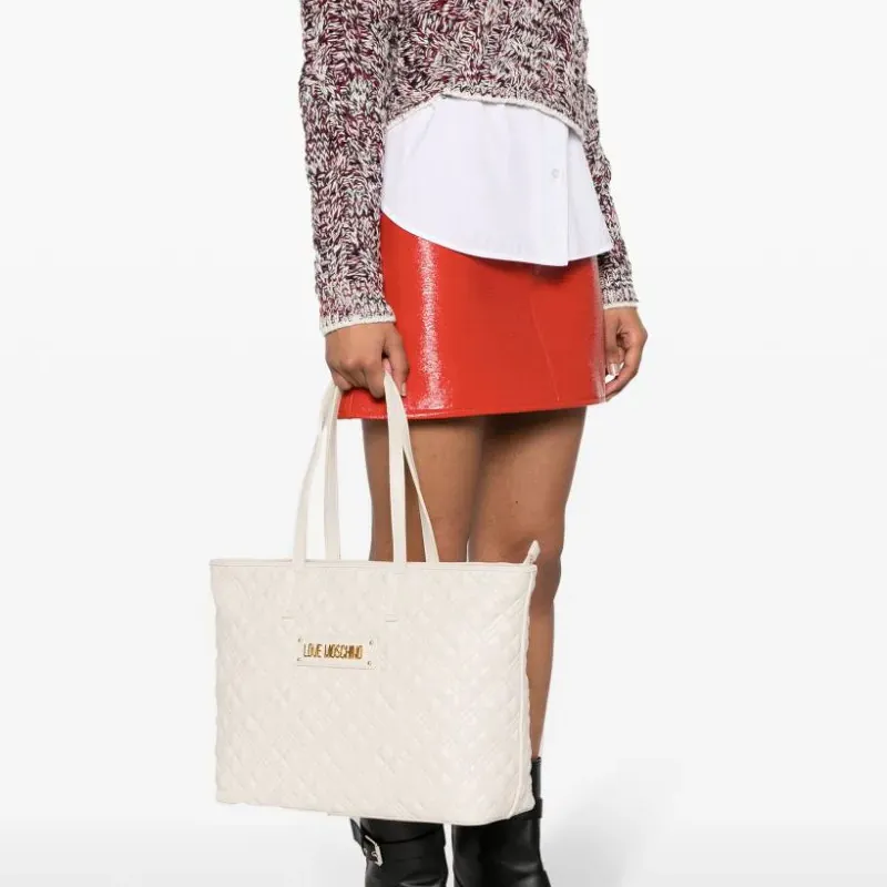 LOVE MOSCHINO Polyurethane Tote Bag, Shopping Bag, Shoulder Bag, Handbag Women's Ivory White-4