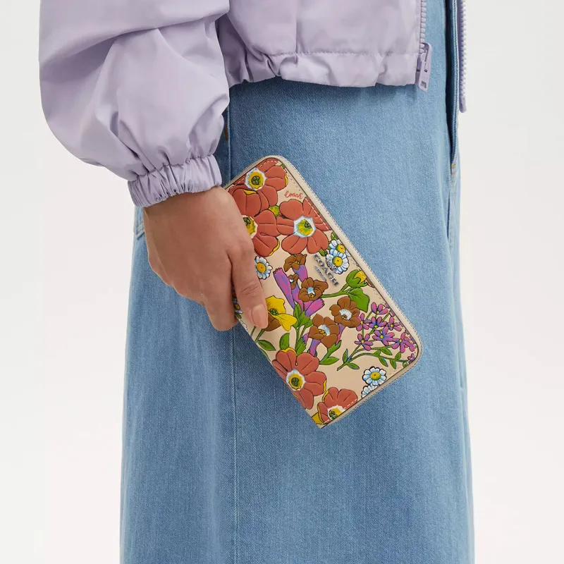 COACH Zip Around Premium Calfskin Wallet Small Size Women's Silver With Ivory Multicolor-4