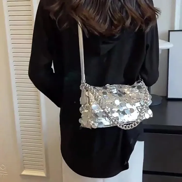 Boniu Sequins Shoulder Bag Medium Size Women's Silver-1