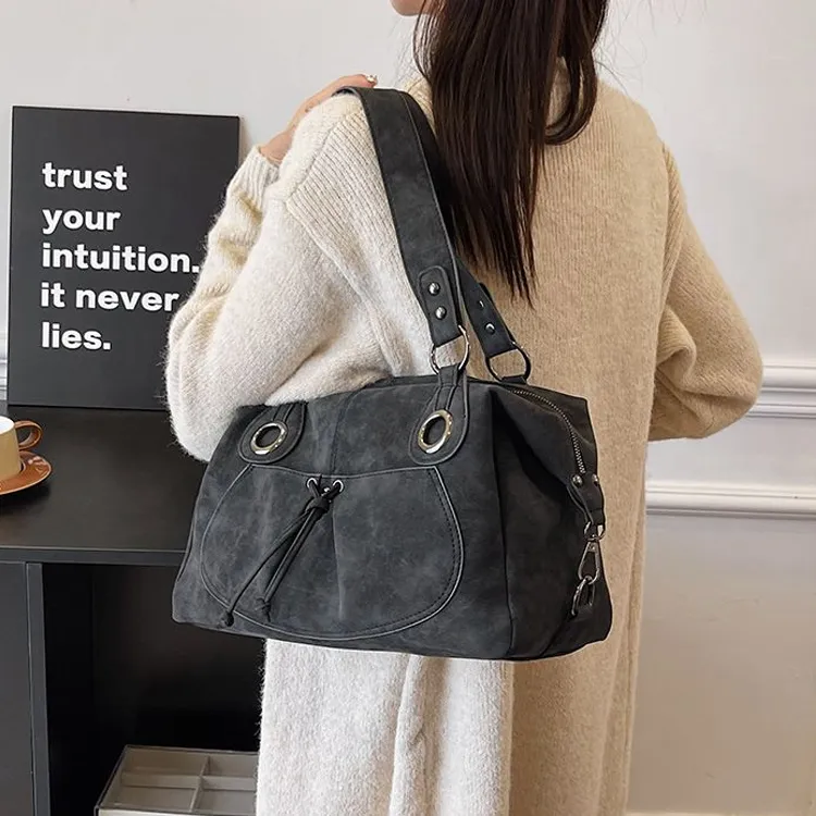 NOMK PU Leather Shoulder Bag, Crossbody Bag, Tote Bag Tubas Women's Black/Khaki-2