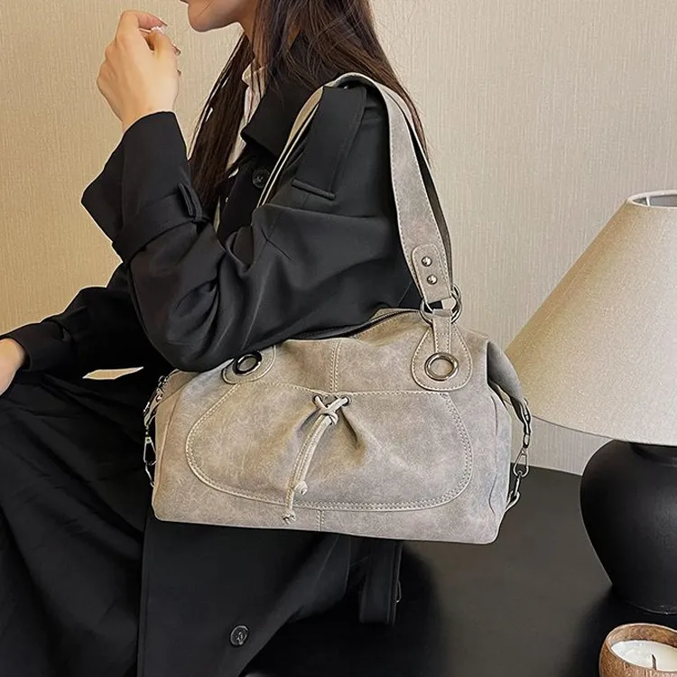 NOMK PU Leather Shoulder Bag, Crossbody Bag, Tote Bag Tubas Women's Black/Khaki-14