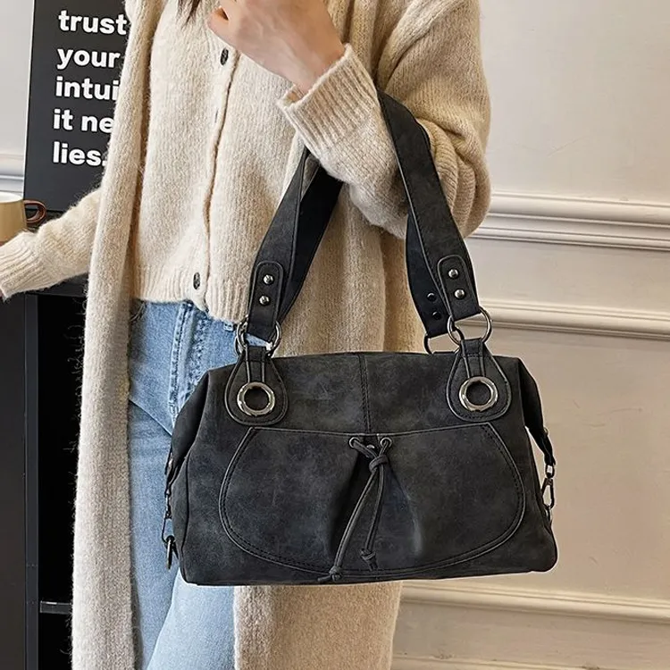 NOMK PU Leather Shoulder Bag, Crossbody Bag, Tote Bag Tubas Women's Black/Khaki-5