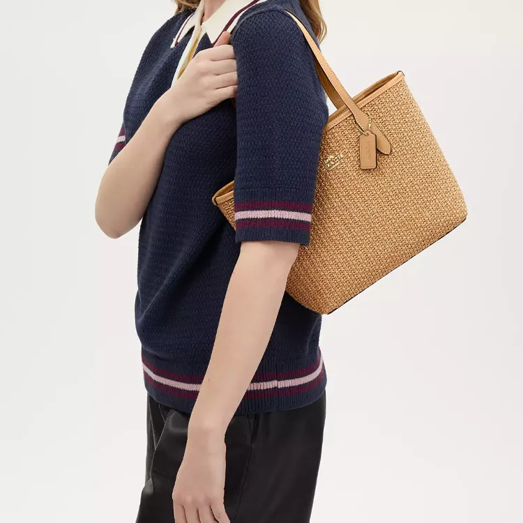 COACH City Straw With Smooth Leather Tote Bag, Shopping Bag, One Shoulder Handbag Medium Size Women's Latte-4