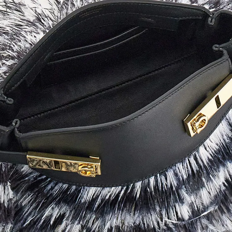 FERRAGAMO GANCINI Calfskin With Ostrich Leather Accents Shoulder Bag Crossbody Bag Small Size Women's Black & White-4
