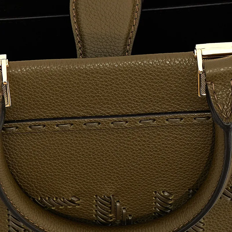 FENDI Leather Tote Bag Shopping Bag Handbag Small Size Women's Green-3