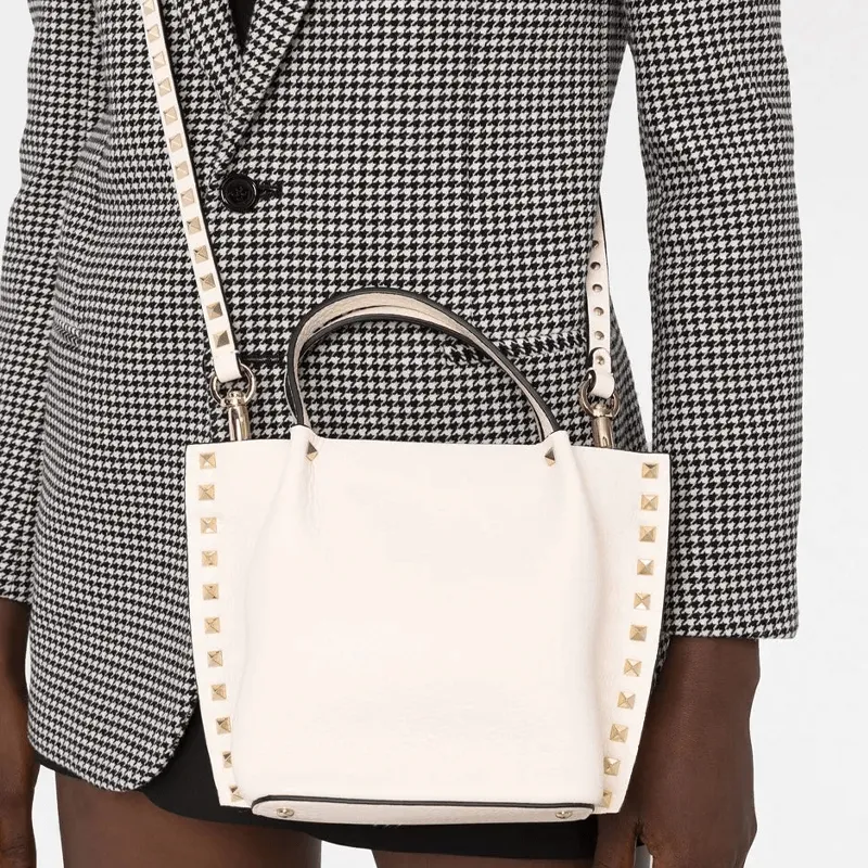 Valentino Rockstud Leather Tote Bag, Shopping Bag, Shoulder Bag, Crossbody Bag, Handbag Women's White-4