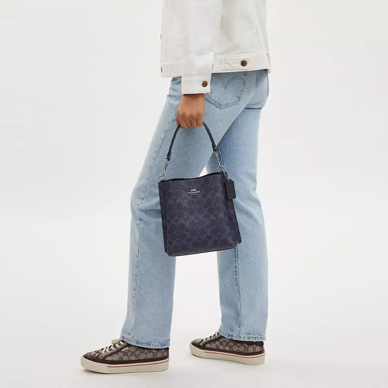 COACH Mollie Canvas With Leather Bucket Bag Handbag Shoulder Bag Crossbody Bag Women's Silver Denim Midnight Navy-4
