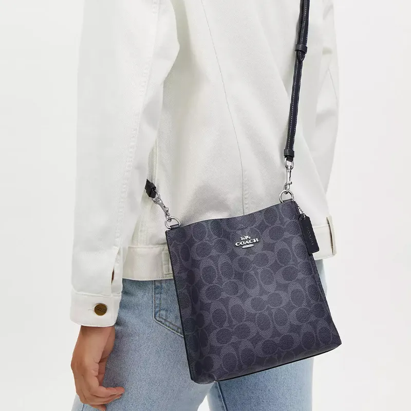 COACH Mollie Canvas With Leather Bucket Bag Handbag Shoulder Bag Crossbody Bag Women's Silver Denim Midnight Navy-3