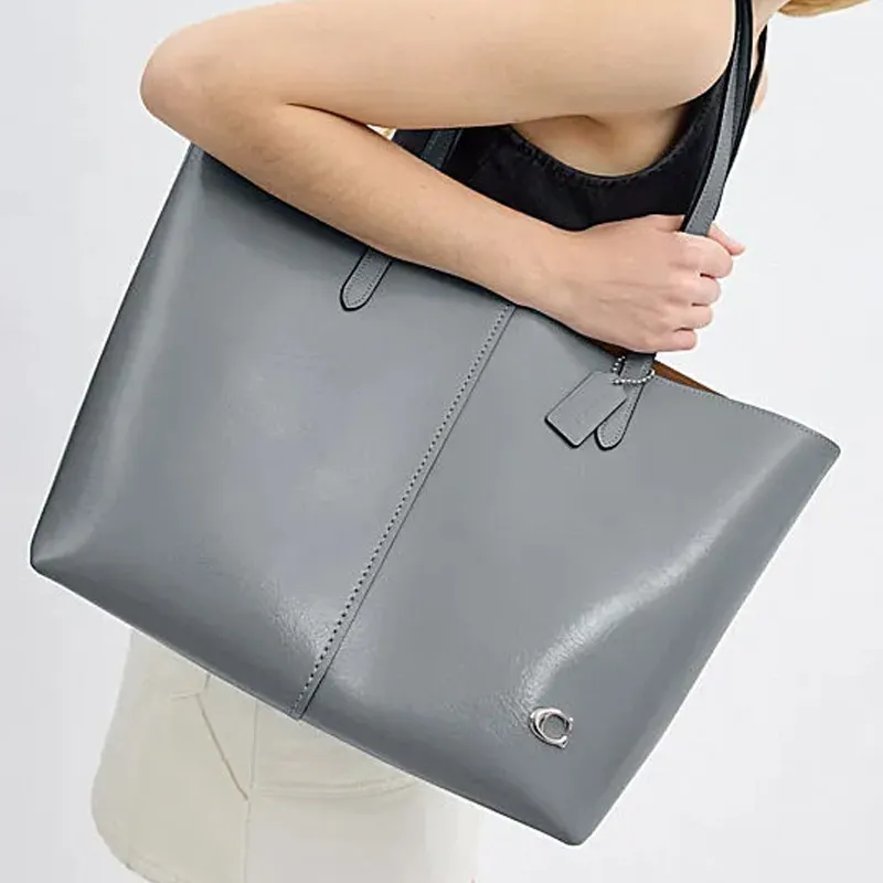COACH Cow Leather One Shoulder Handbags Large Size Women's Gray Blue-4