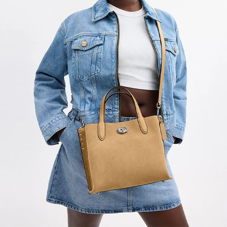 COACH Willow Suede Patchwork Calfskin Shoulder Bag Crossbody Bag Handbag Women's Peanut Butter Color-5