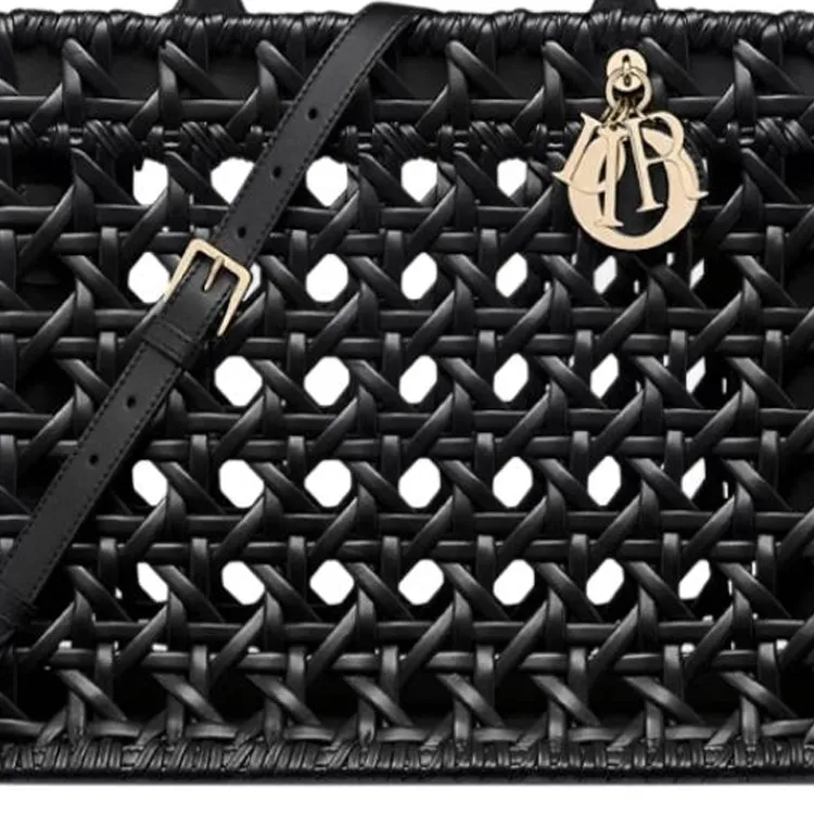 DIOR Wicker Pattern Woven Calfskin Tote Bag, Shopping Bag, Handbag Medium Size Women's Black-7