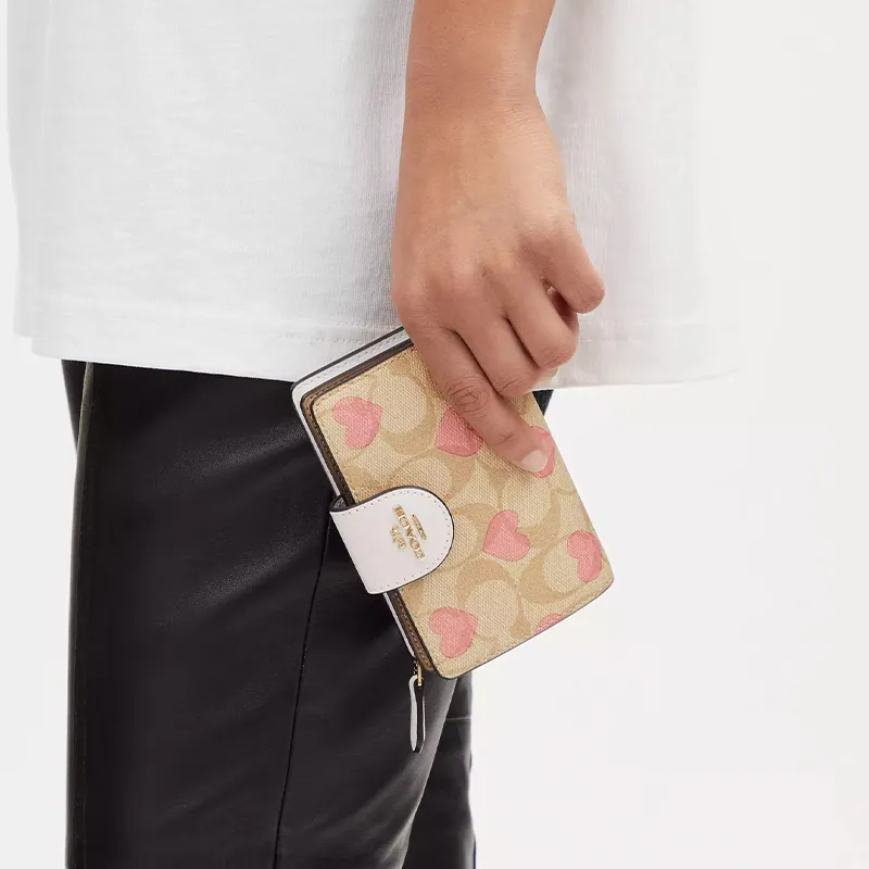 COACH Corner Zip Canvas With Leather Wallet Mini Women's Gold & Light Khaki & Chalk-5