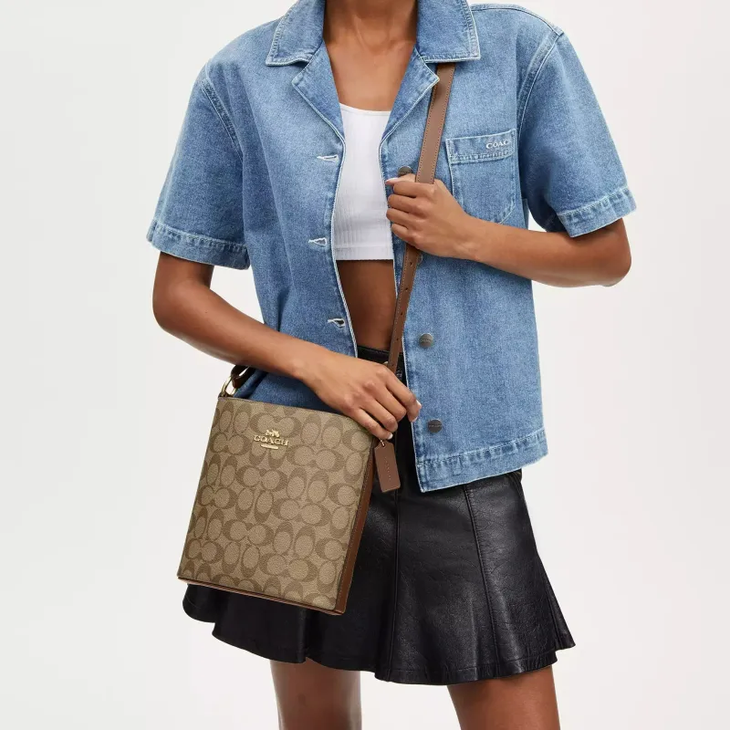 COACH Canvas With Leather Bucket Bags Crossbody Bag, Shoulder Bag Small Size Women's Gold & Khaki-4