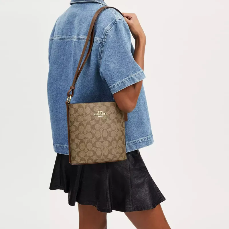 COACH Canvas With Leather Bucket Bags Crossbody Bag, Shoulder Bag Small Size Women's Gold & Khaki-3