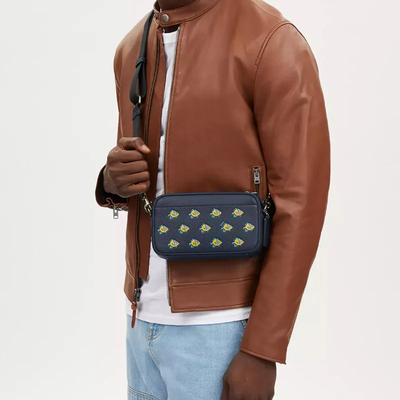 COACH Refined Pebbled Leather With Smooth Calfskin Shoulder Bag, Crossbody Bag Small Size Men's Bronze Denim Multicolor-3