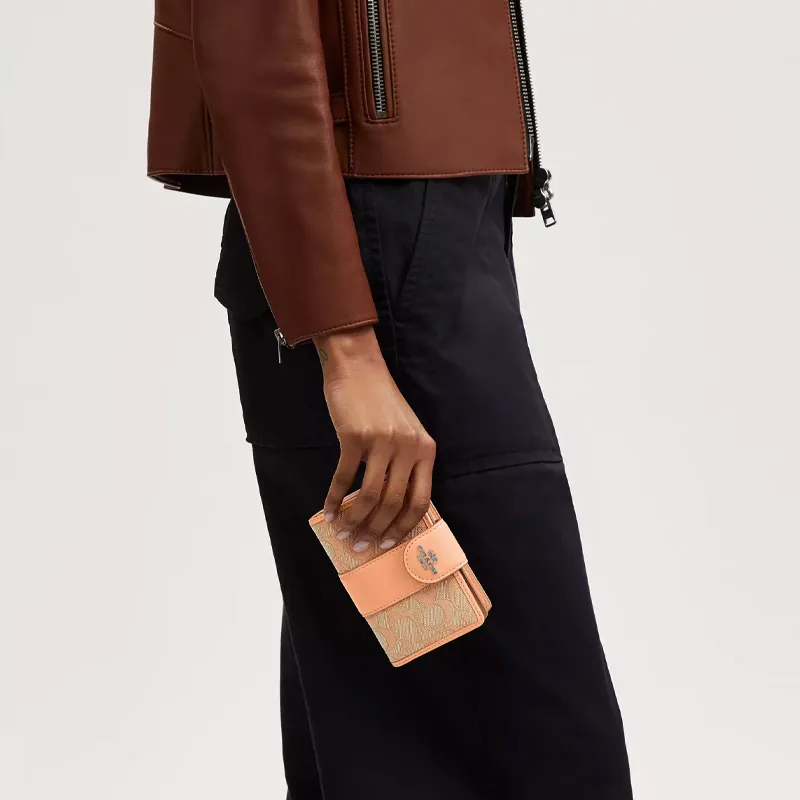 COACH Corner Zip Iconic Jacquard With Calfskin Wallet Mini Women's Faded Blush-2