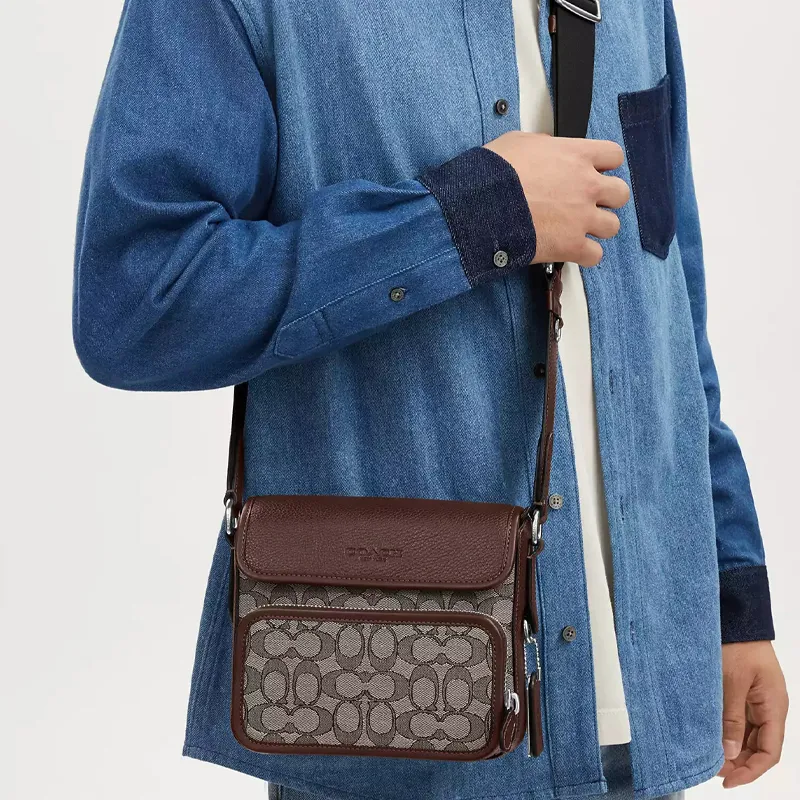 COACH Sullivan Jacquard With Leather Shoulder Bag Crossbody Bag Small Size Men's Oak And Maple Wood Color-4