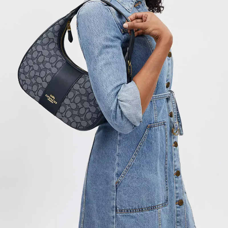 COACH Jacquard With Leather Handbag Shoulder Bag Women's Midnight Navy-3