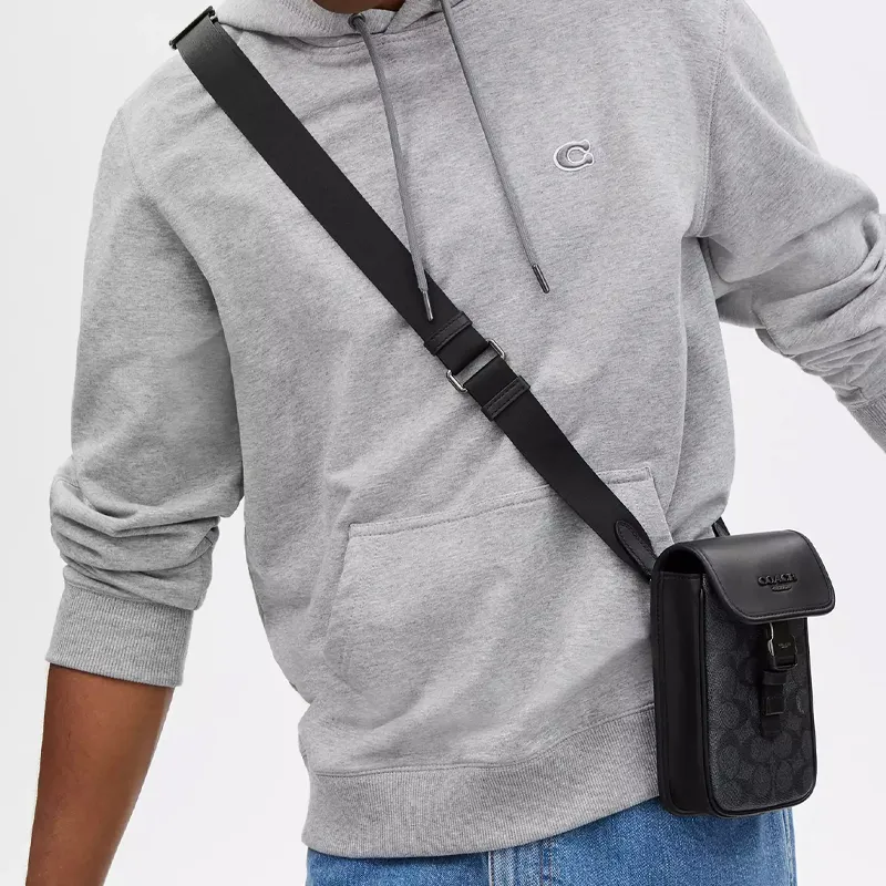 COACH Coated Canvas With Smooth Calfskin Cell Phone Pouch Shoulder Bag Crossbody Bag Men's Charcoal Gray-3