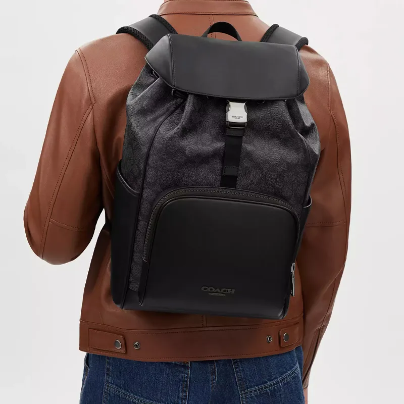 COACH Coated Canvas With Smooth Calfskin Backpack Medium Size Men's Charcoal Gray-4