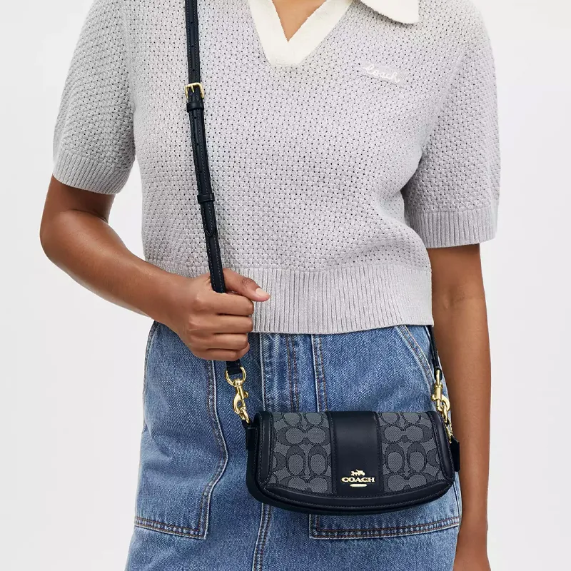COACH Jacquard With Calfskin Portable Crossbody Bag, Shoulder Bag Women's Midnight Marine Blue-3
