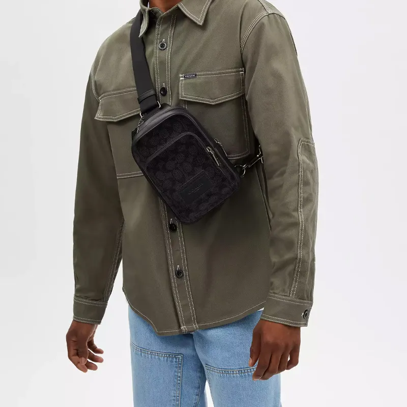 COACH Coated Canvas With Smooth Calfskin Sling Bag Shoulder Bag Crossbody Bag Mini Men's Charcoal Gray-3