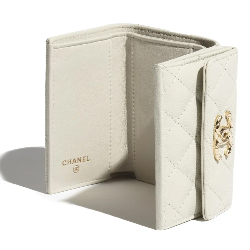 CHANEL Grained Shiny Calfskin Wallet Small Size Women's Light Gray-1